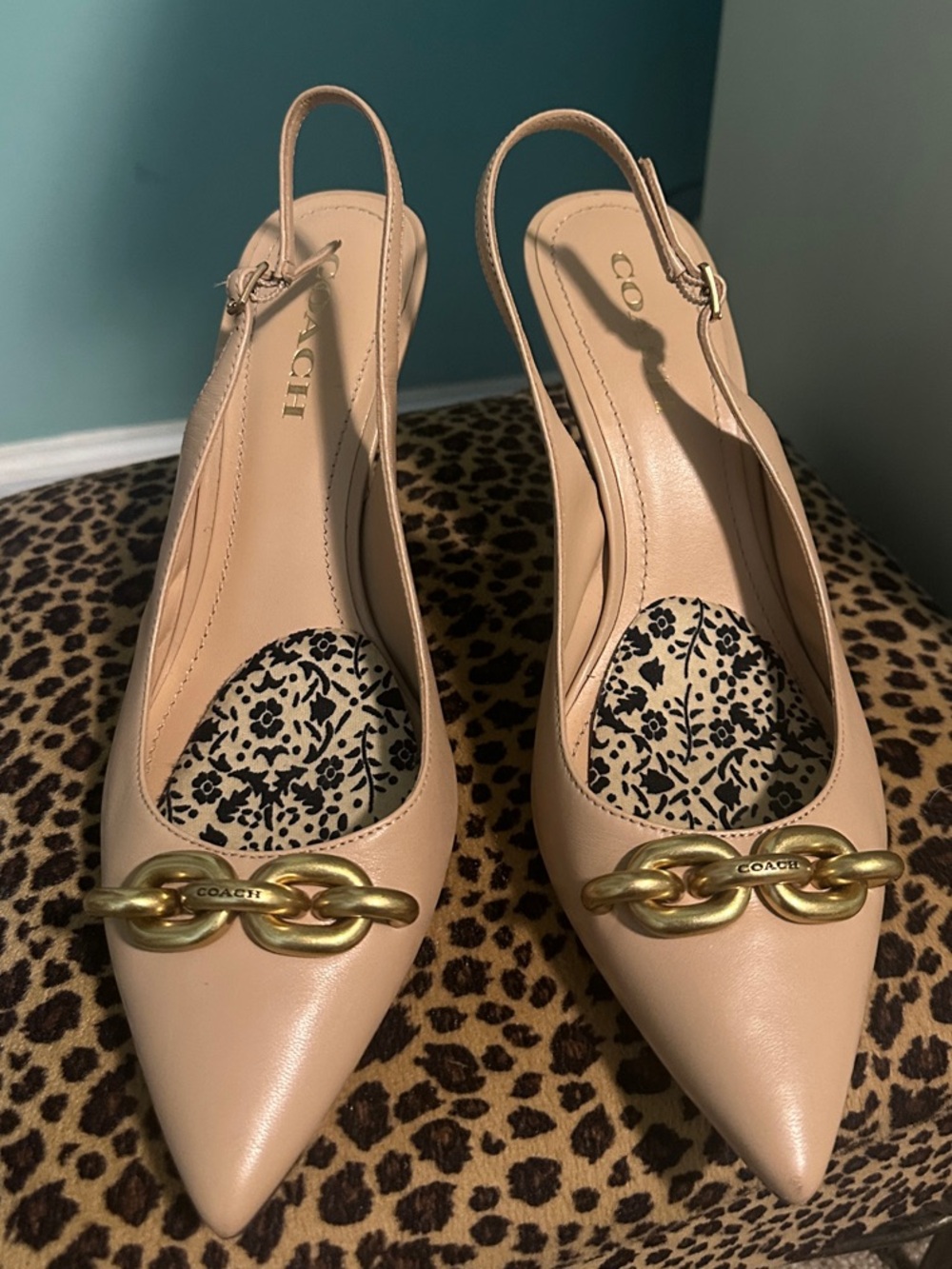 Coach Blush Nude Leather Slingback Pumps with Gold Chain
